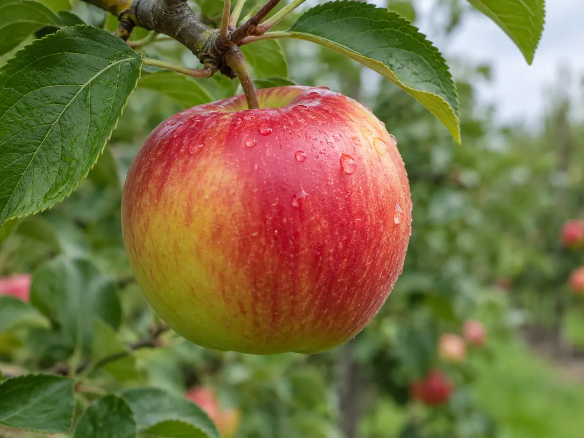 Gros plan d'une pomme bicolore rouge et jaune couverte de rosée, encore accrochée à sa branche