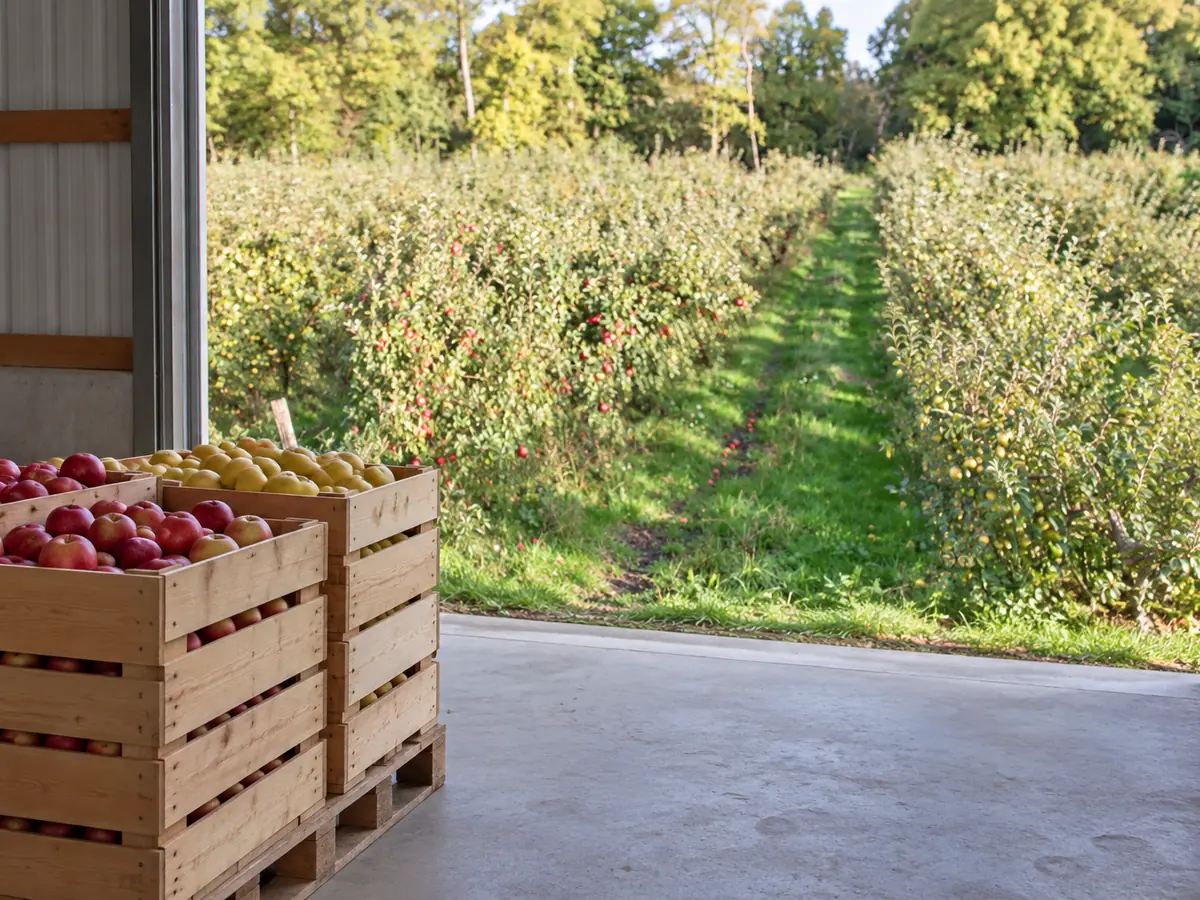 Cagettes de pommes empilées sur une palette de bois dans un hangar dont la porte ouvre sur des rangs de pommiers
