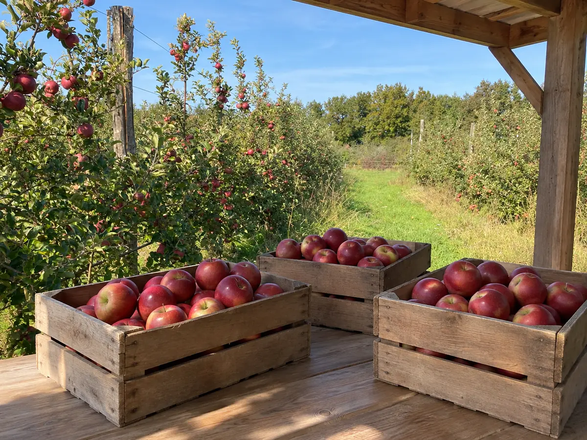 Cagettes de pommes posées sur une table de bois sous l'auvent d'un hangar ouvert sur les rangs du verger